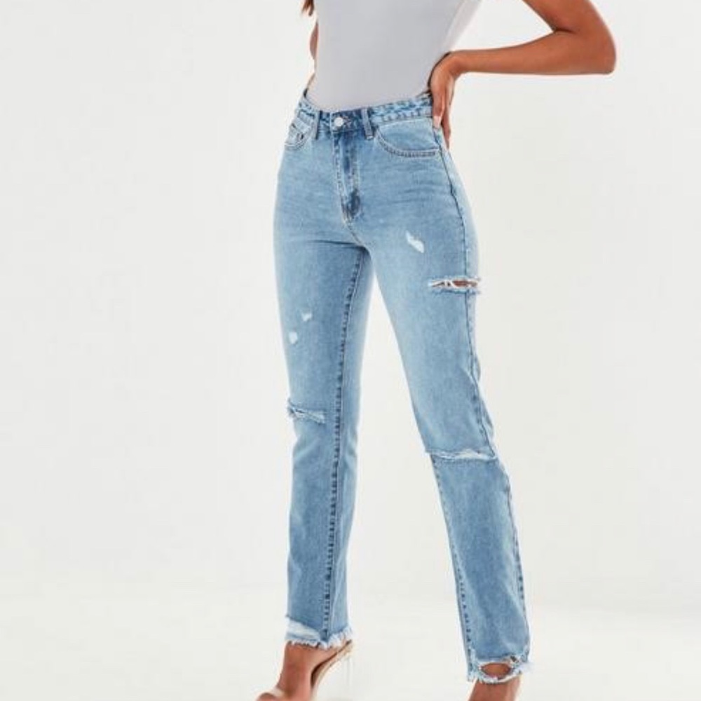 Blue Slim Straight high waisted Slashed jeans
